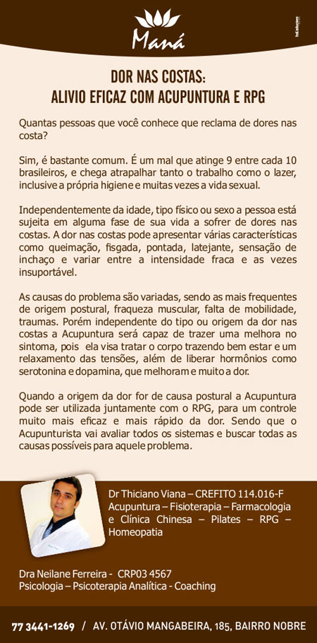 Dor nas costas: Alívio eficaz com acupuntura e RPG na Clínica Maná em Brumado