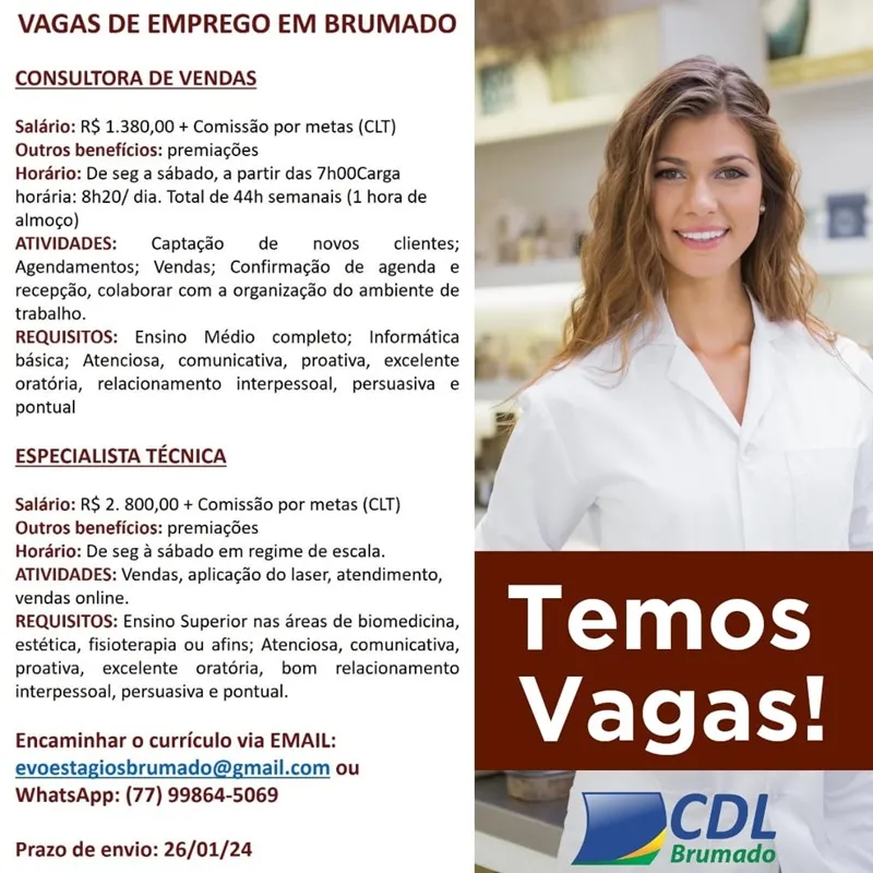 CDL: Vagas de emprego para consultora de vendas e especialista técnica em Brumado