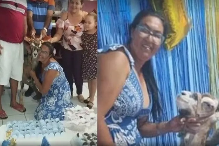 Mulher faz festa de aniversário para bode com bolo e churrasco na Paraíba