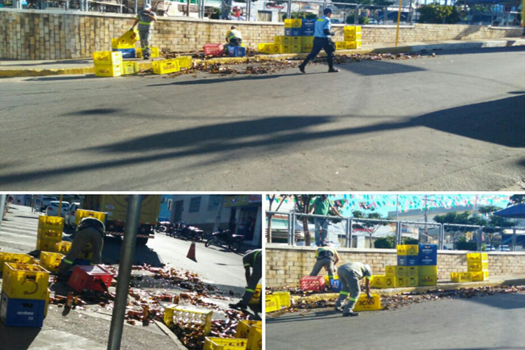 Carga de cerveja cai de caminhão no centro de Brumado