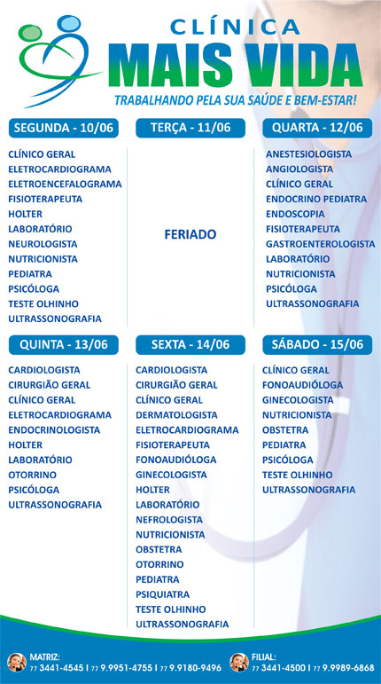 Confira os especialistas da semana na Clínica Mais Vida em Brumado