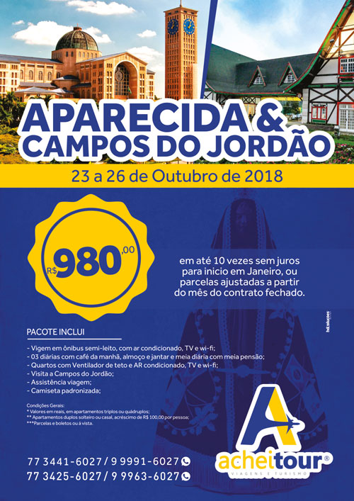 Achei Tour dispõe de pacote turístico para as cidades de Aparecida e Campos do Jordão