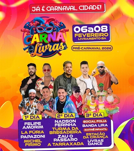 CarnaLivras 2026 promete três dias de festa em Livramento de Nossa Senhora