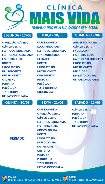 Confira os especialistas da semana na Clínica Mais Vida em Brumado