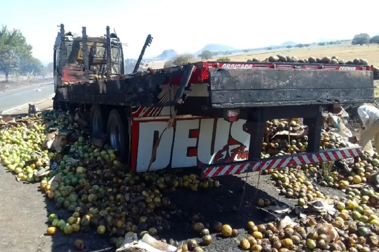 BR-030: Vídeo mostra caminhão destruído após pegar fogo na Serra dos Brindes em Guanambi