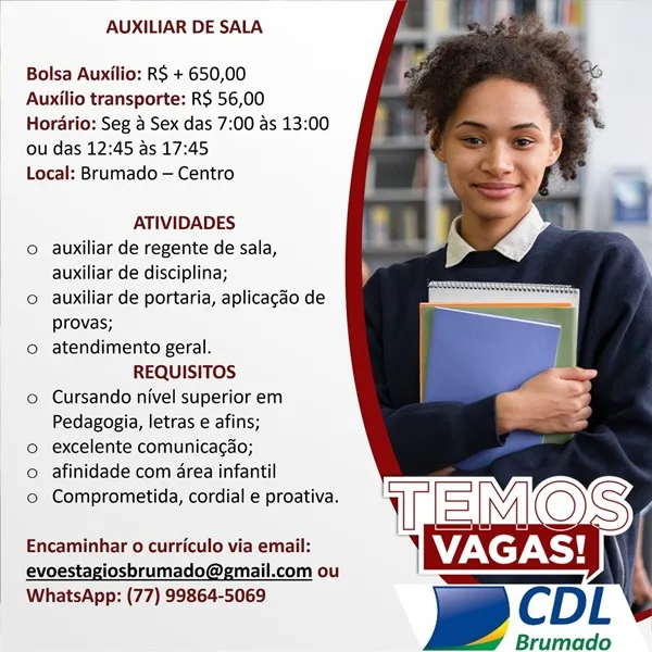 CDL informa sobre vaga para auxiliar de sala em Brumado