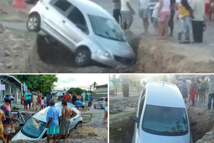 Brumado: Prefeitura não sinaliza obra e carro cai em vala de galeria pluvial