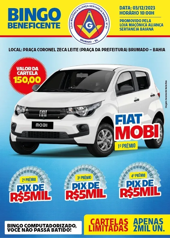 Brumado: Loja Maçônica promoverá bingo com sorteio de um carro e prêmios em pix