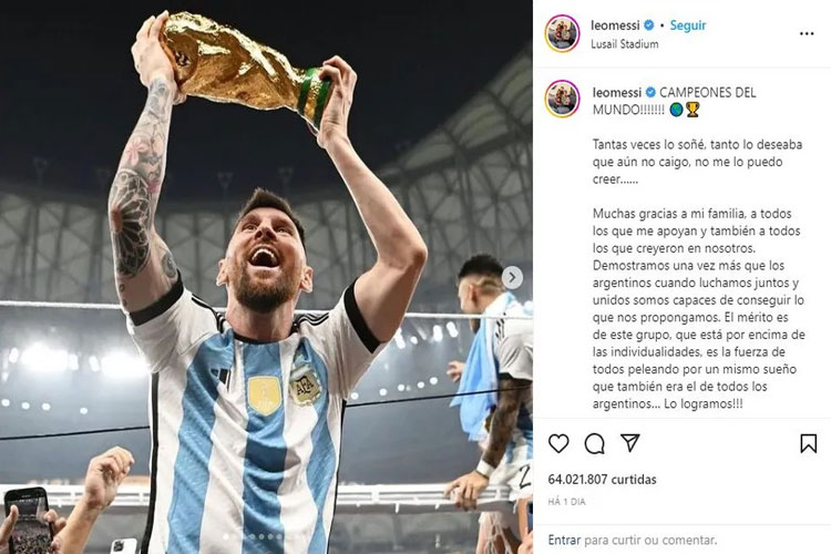 Foto de Messi com taça da Copa é a mais curtida da história no Instagram