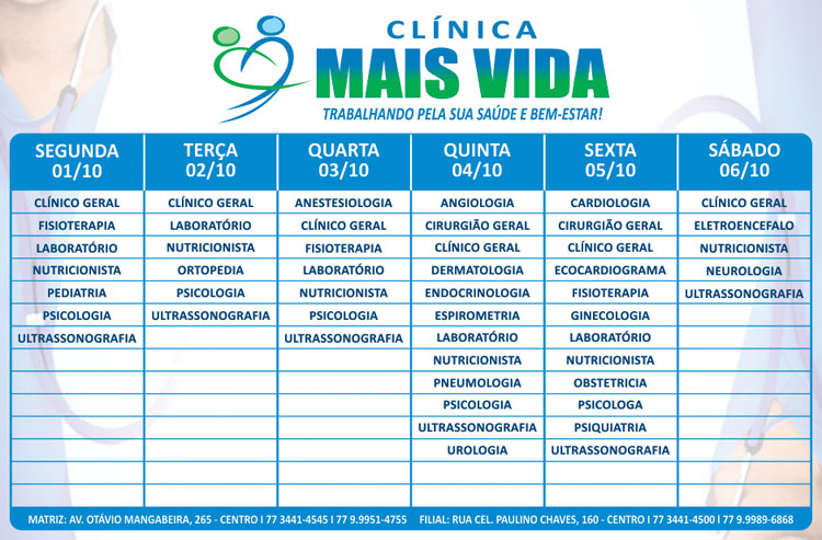 Confira os especialistas da semana na Clínica Mais Vida em Brumado