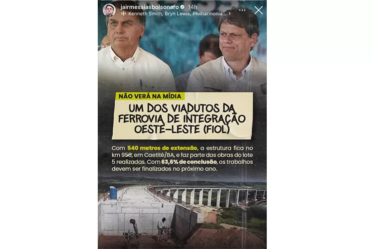 No Instagram, Jair Bolsonaro apresenta viaduto da Fiol construído no seu governo em Caetité