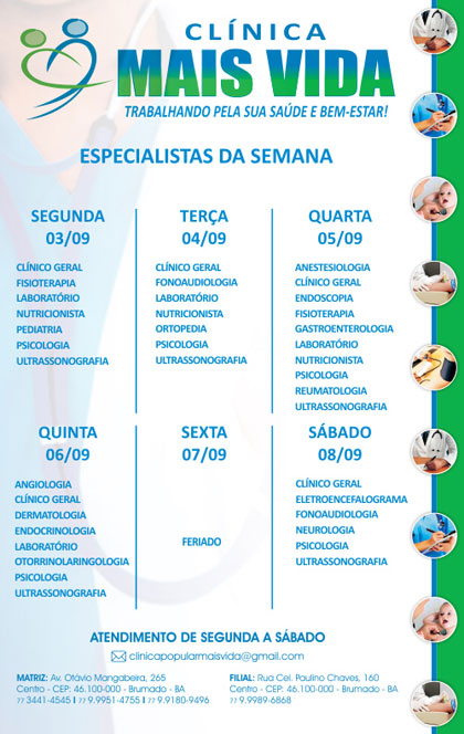 Confira os especialistas da semana na Clínica Mais Vida em Brumado