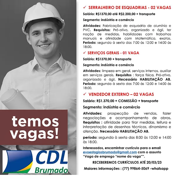 CDL divulga vagas de emprego para diversas áreas em Brumado