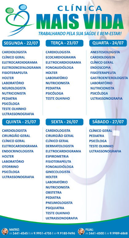 Confira os especialistas da semana na Clínica Mais Vida em Brumado