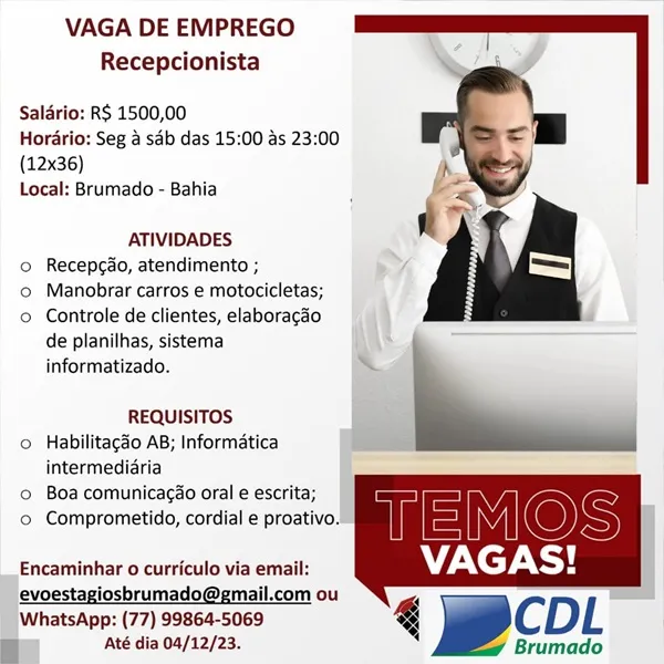 CDL informa sobre vaga de emprego para recepcionista em Brumado