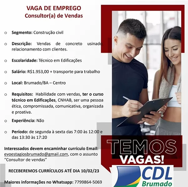 CDL informa sobre vaga de emprego para consultor de vendas em Brumado