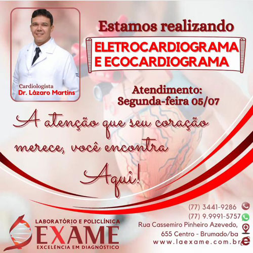 Check-up cardiovascular é na Clínica Exame em Brumado