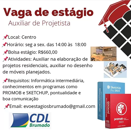 CDL informa sobre vaga de estágio para Auxiliar de Projetista em Brumado