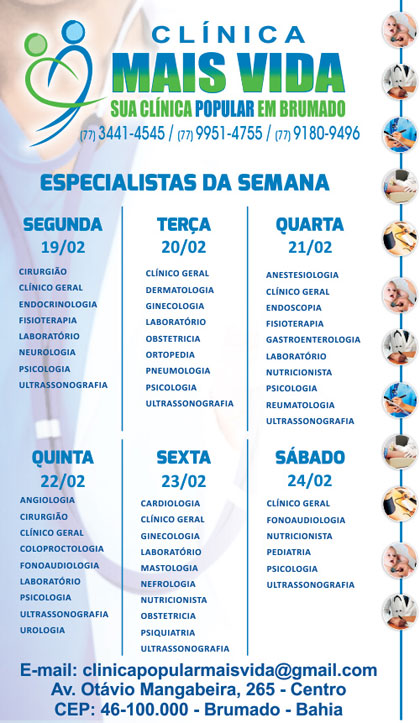 Confira os especialistas da semana na Clínica Mais Vida em Brumado