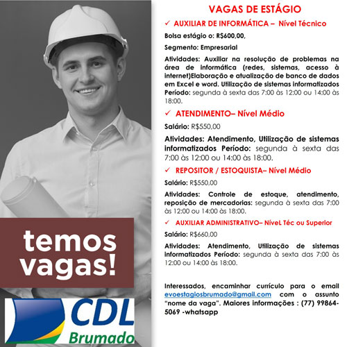 CDL divulga novas vagas de emprego e estágio em Brumado