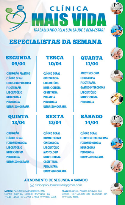 Confira os especialistas da semana na Clínica Mais Vida em Brumado