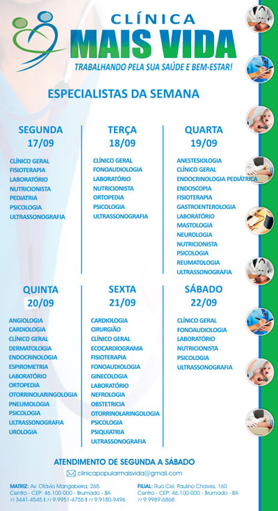 Confira os especialistas da semana na Clínica Mais Vida em Brumado