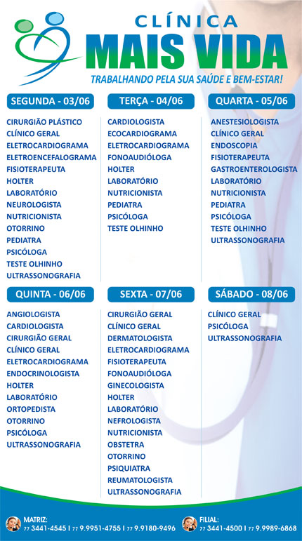 Confira os especialistas da semana na Clínica Mais Vida em Brumado