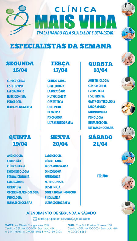 Confira os especialistas da semana na Clínica Mais Vida em Brumado