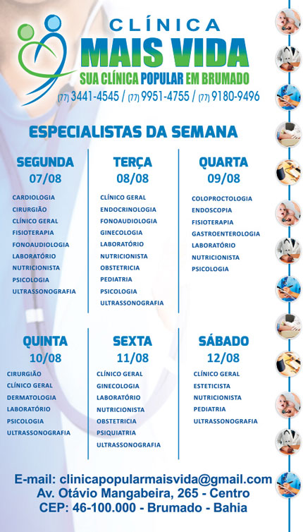 Confira os especialistas da semana na Clínica Mais Vida em Brumado