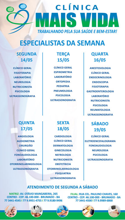 Confira os especialistas da semana na Clínica Mais Vida em Brumado