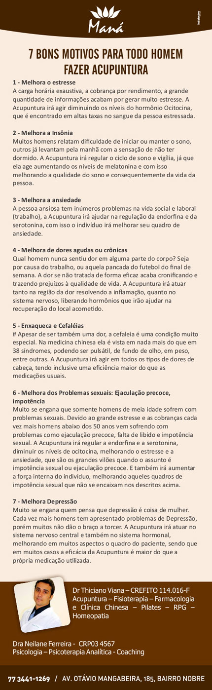 Clínica Maná: 7 bons motivos para todo homem fazer acupuntura