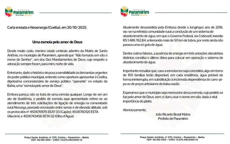 Prefeito pede 'esmola' à Coelba para levar água à comunidade rural em Paramirim