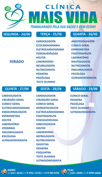 Confira os especialistas da semana na Clínica Mais Vida em Brumado