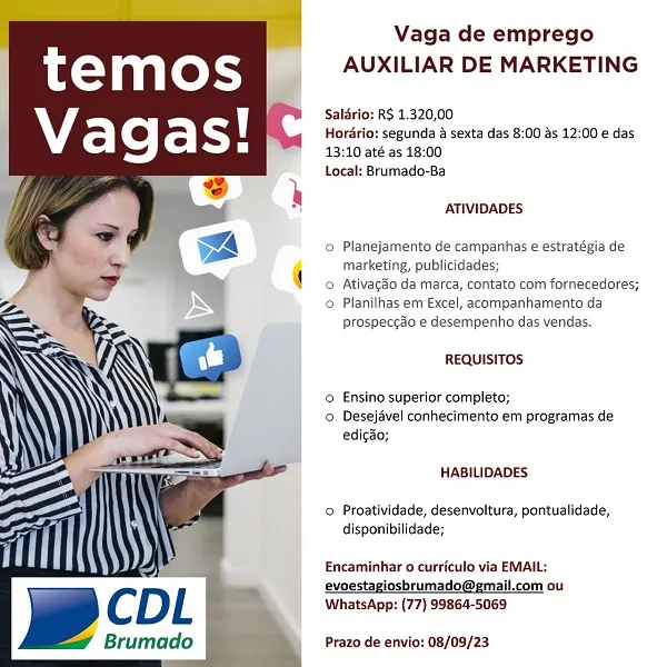 CDL informa sobre vaga para auxiliar de marketing em Brumado