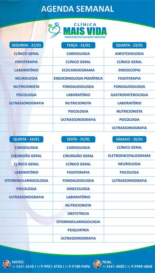 Confira os especialistas da semana na Clínica Mais Vida em Brumado