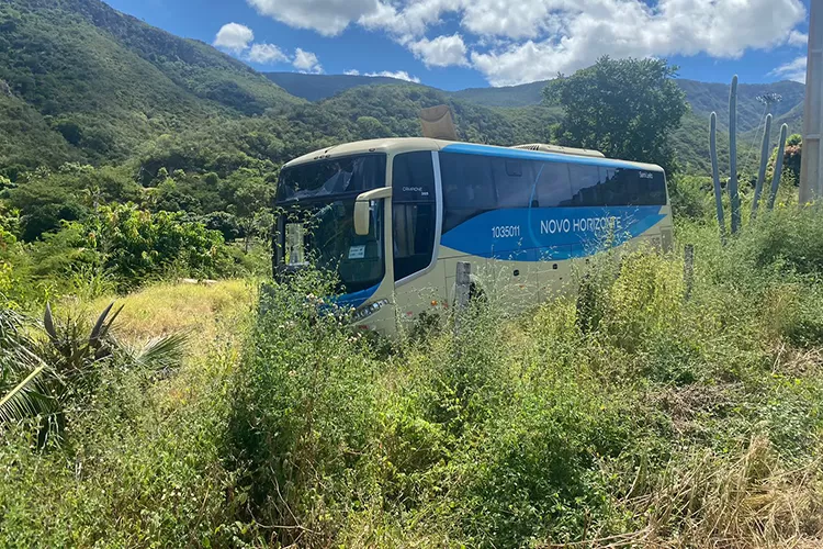 BA-148: Ônibus da Novo Horizonte perde freio e sai da pista na Serra das Almas em Rio de Contas