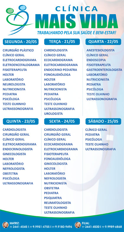 Confira os especialistas da semana na Clínica Mais Vida em Brumado