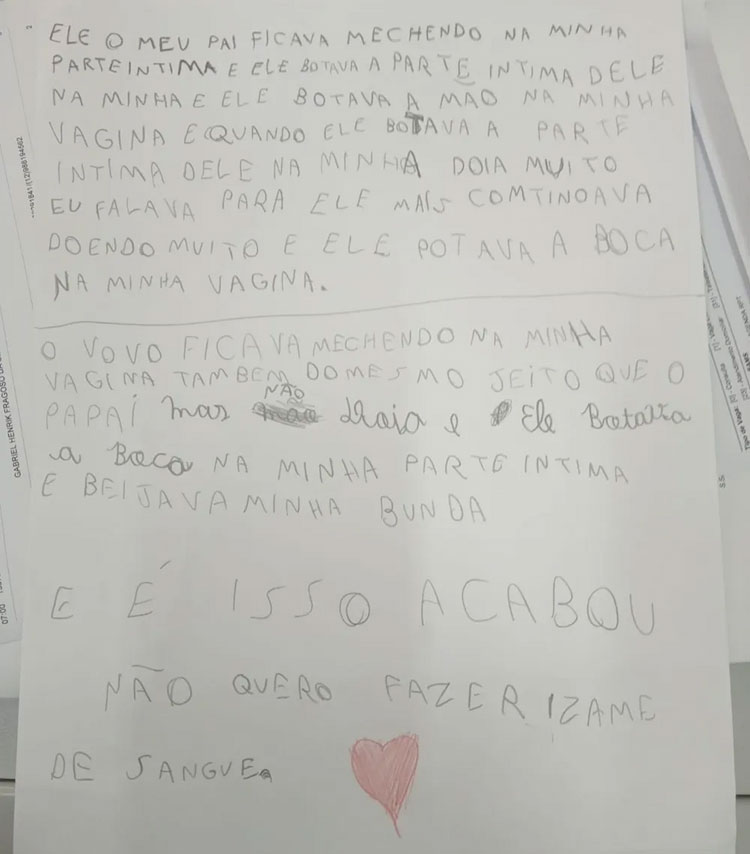 Criança escreve carta expondo estupros que sofreu do pai e avô em São José dos Campos