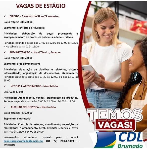 CDL informa sobre vagas de estágio em diversas áreas em Brumado