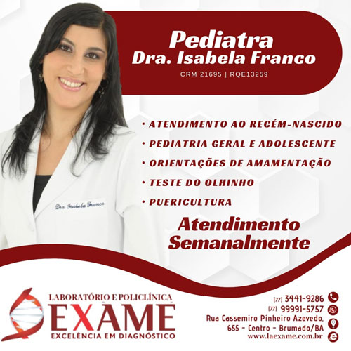 Pediatra Isabela Franco integra o quadro de especialistas da Clínica Exame em Brumado