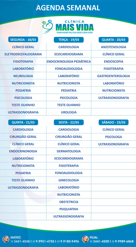 Confira os especialistas da semana na Clínica Mais Vida em Brumado