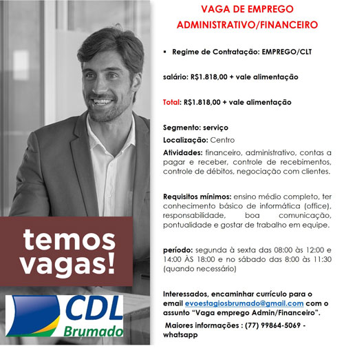 CDL informa sobre vaga de emprego para administrativo e financeiro em Brumado