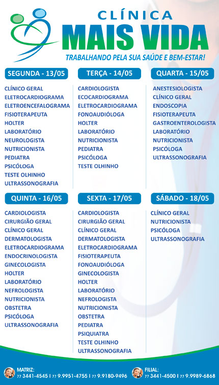 Confira os especialistas da semana na Clínica Mais Vida em Brumado