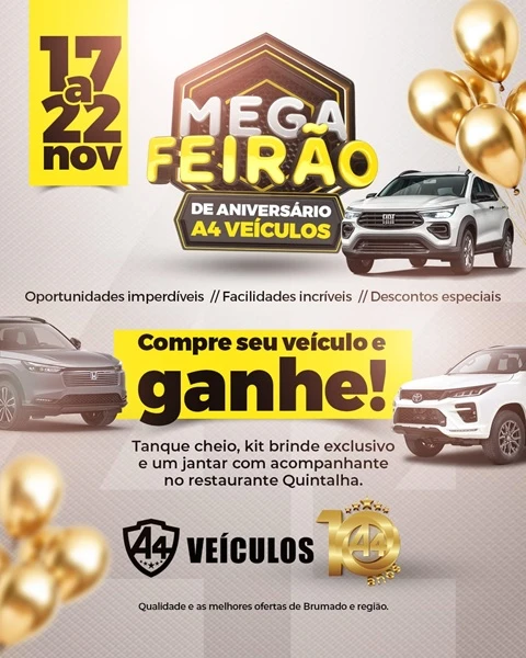 A4 Veículos: Mega Feirão de Aniversário com oportunidades incríveis em Brumado