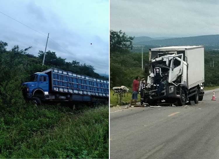 Caminhão boiadeiro tomba após colisão com caminhão baú na BA-262 em Aracatu