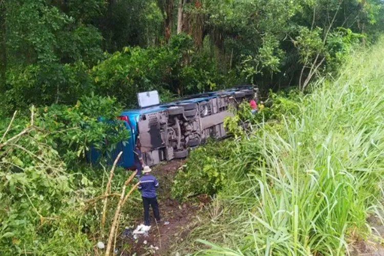 Treze pessoas ficam feridas após ônibus tombar em rodovia do sul da Bahia