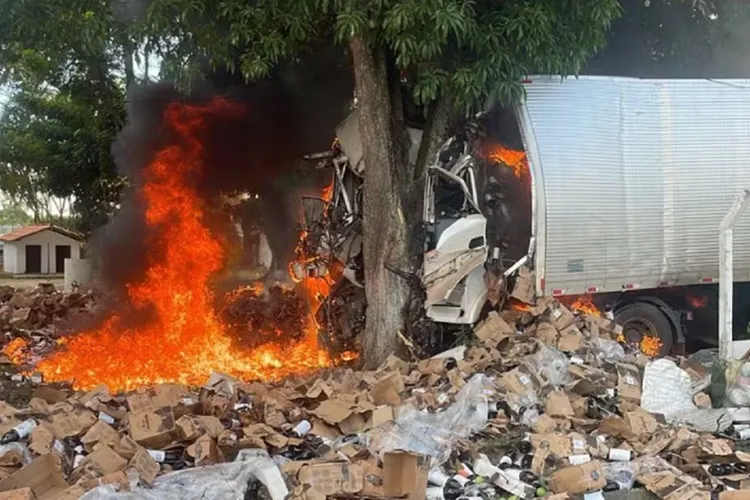 Caminhão bate em árvore e pega fogo em acidente com 2 mortos no interior baiano