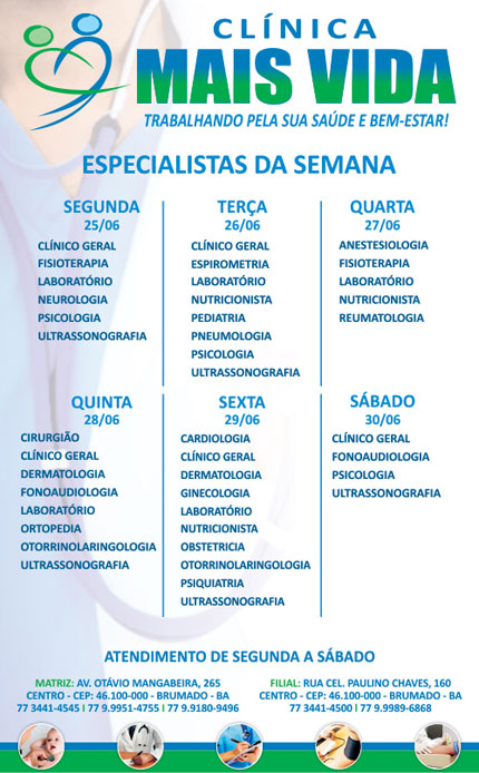 Confira os especialistas da semana na Clínica Mais Vida em Brumado