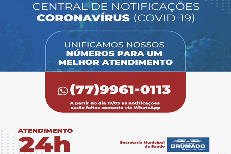 Brumado: Secretaria de Saúde unifica atendimentos da Central de Notificações Covid-19 em novo número