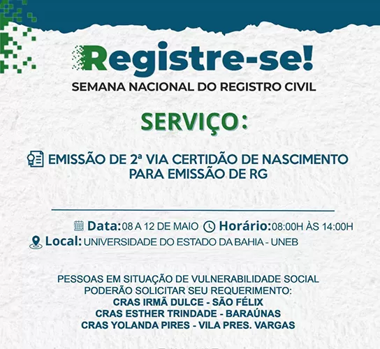 'Registre-se': Semana Nacional de Registro Civil será realizada em Brumado